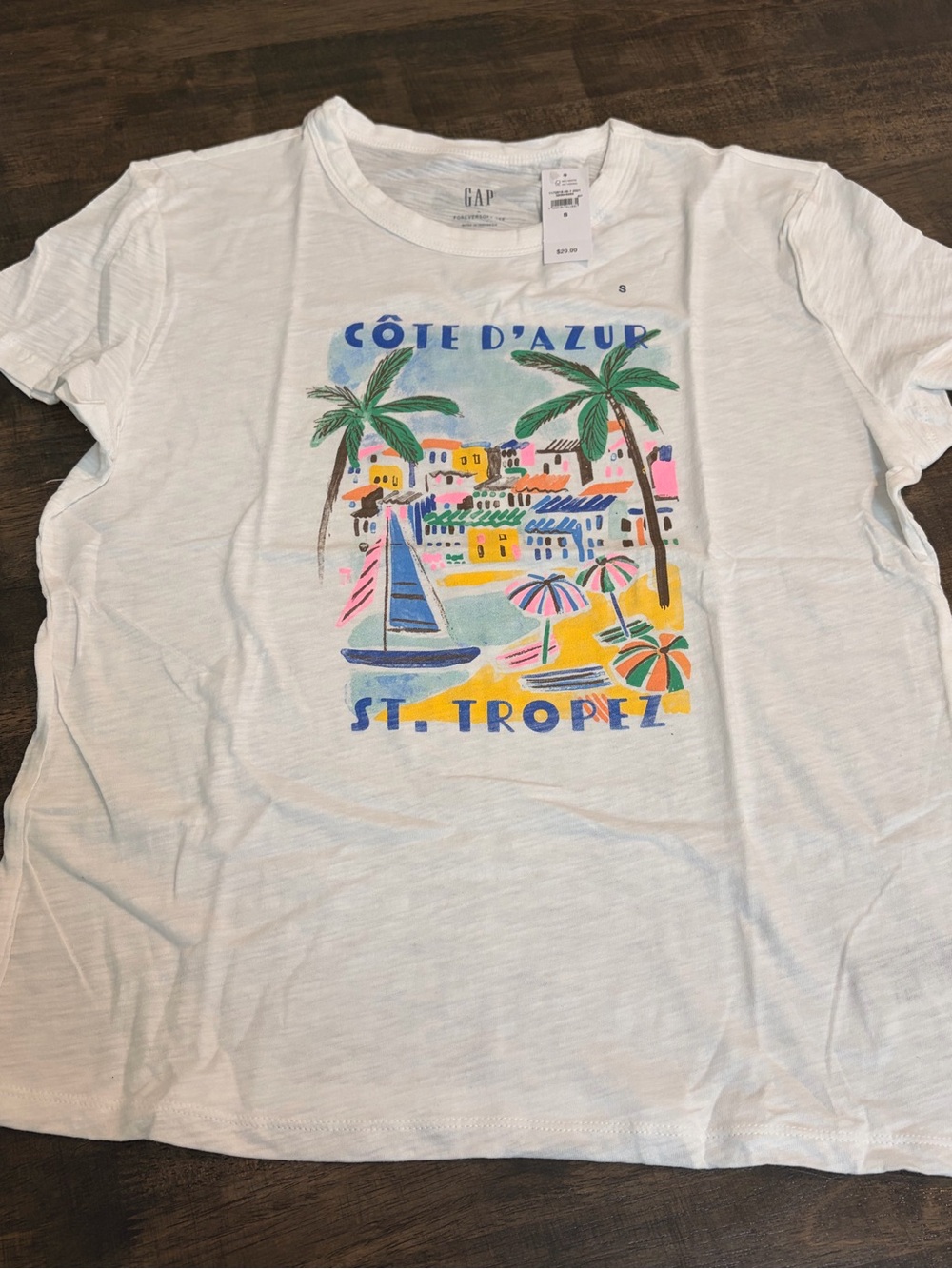 GAP White Short Sleeve Tee with Multicolor Beach Print